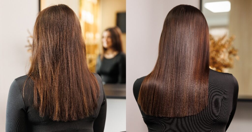 brunette-before-and-after-hair-keratin-treatment-1200-630 happy client after hair straightening keratin treatment