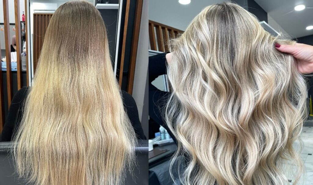 transforming-flat-blonde-hair-into-wavy-blonde-hair transforming flat blonde hair into wavy blonde hair at the salon