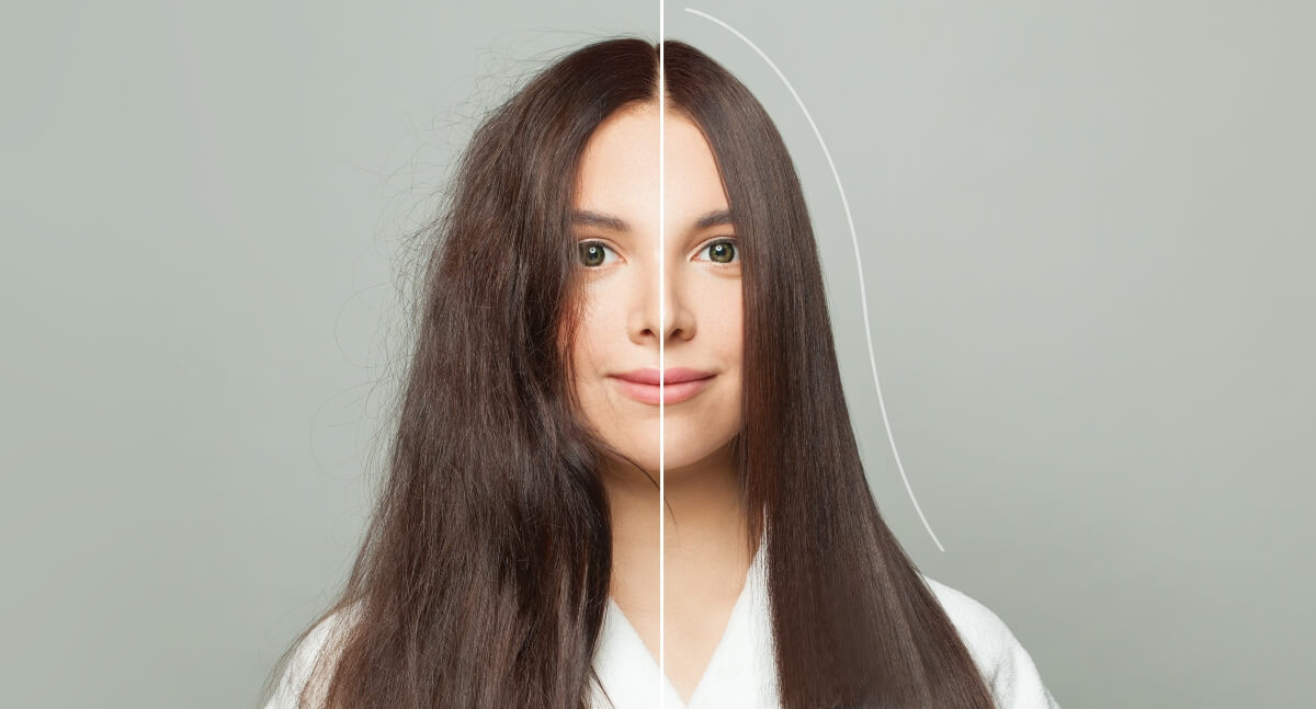 woman with hair that is half dry and damaged and half that is smooth